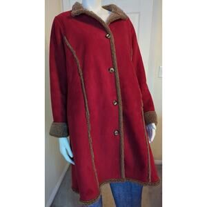L.L.BEAN Red Brown Vegan Suede Sherpa Lined Knee Length Coat women size M OBCT8